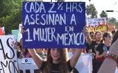 Protest against femicides, Chihuahua, Mexico, Nov. 2020. The sign reads, "A woman is murdered in Mexico every 2 1/2 hours."