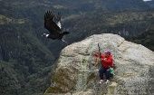 An Indigenous people censing condors in Purace national park, Cauca, Colombia, Feb. 17, 2021.