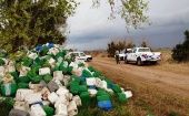 Agrochemical containers piled up on a road in Argentina, April 2021.
