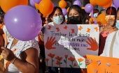 The banner reads, "Ending violence against women is the responsibility of all," Jonuta, Mexico, Nov. 25, 2021.