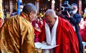 A monk is being awarded the degree of Geshe Lharampa in the Jokhang Temple in Lhasa, capital of southwest China
