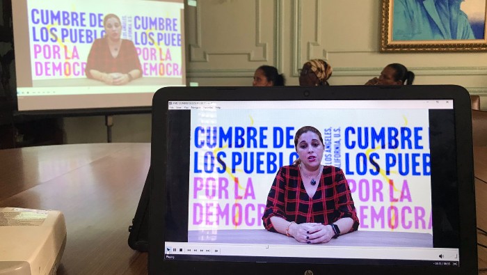 La representante de la FMC, Gretel Marante, participó mediante un video, ante la negativa de EE.UU. de otorgar visas a los miembros de la sociedad civil cubana.