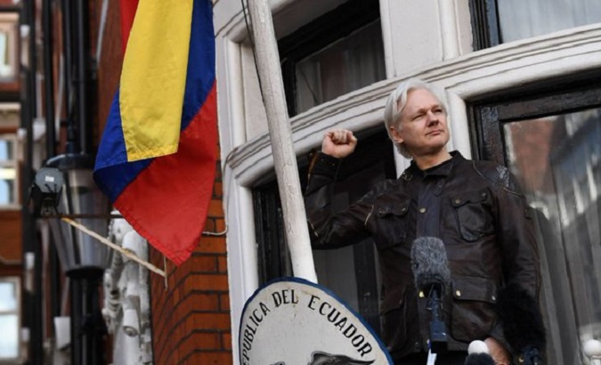 File photo of Julian Assange at the Ecuadorean Embassy in London, U.K.