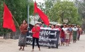 An anti-coup demonstration in Sagaing region, Myanmar, April 17, 2023.