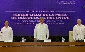 El acto de conclusión de la tercera ronda de diálogos de paz estuvo presidido por los presidentes de Colombia y Cuba, Gustavo Petro y Miguel Díaz-Canel, respectivamente.