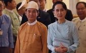 Win Myint (L) and Aung San Suu Kyi (R), March 30, 2018.