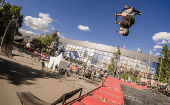 A young man performs stunts at the Grand Skate Tour, Moscow, Russia, Aug. 30, 2023.