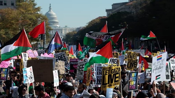 Alrededor de 100.000 personas se congregaron en Washington para exigir el cese del genocidio sionista en Gaza y exigir un alto al fuego.