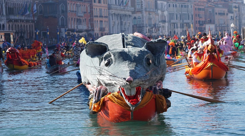 De esta manera, tuvo lugar la Regata Pantegana en el Gran Canal, en la que un barco con diseño de rata gigante guio una procesión de barcos.
