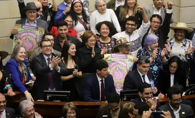 Colombian Senators celebrate the approval of pension reforms, April 23, 2024.