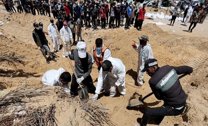 Mass grave discovered at Nasser after the withdrawal of Israeli troops. Apr. 24, 2024. 