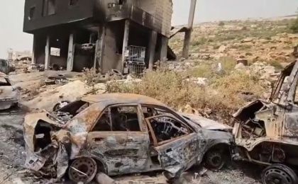 Houses and cars burned by Israeli settlers, West Bank, April 2024.