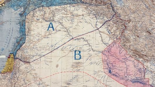 Partición establecida en el acuerdo Sykes-Picot. El lado A sería administrado por Francia y el B por el Reino Unido. Imágen: Archivos Nacionales EE.UU