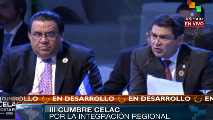 El presidente de Honduras Juan Orlando Hernández durante su intervención en la III Cumbre de la CELAC