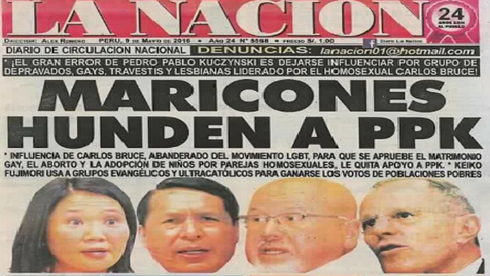La portada del diario peruano va dirigida a los seguidores LGTB del candidato presidencial Pedro Pablo Pedro Kuczynski.