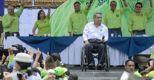 Lenin Moreno (in white) was elected presidential candidate for Alianza Pais, while President Rafael Correa and other politicians cheered.