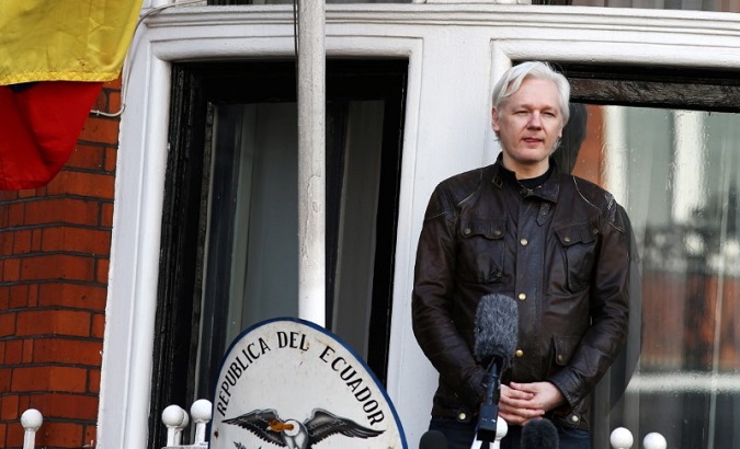 Wikileaks founder Julian Assange speaks on the balcony of the Embassy of Ecuador in London, Britain, May 19, 2017.
