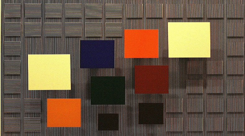 Los cuadrados sobre blanco y rayado definen un pensamiento de Soto: "la obra debe ser capaz de suscitar la emoción de quien la contempla e infundir conocimientos".