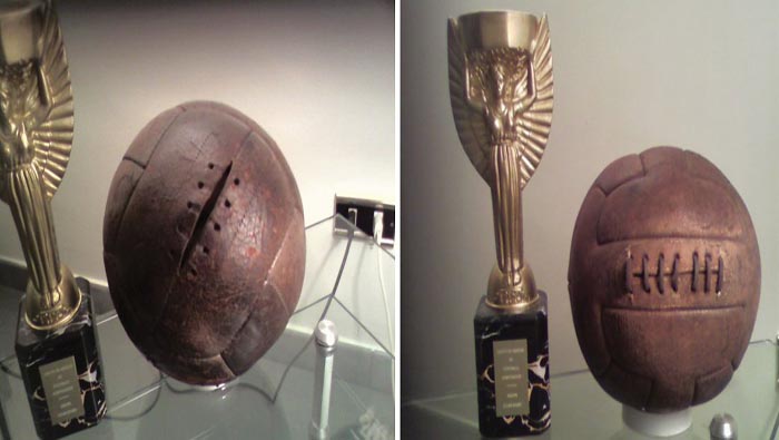 La primera final de los Mundiales se disputó con dos balones: durante el primer tiempo, se utilizó el balón de Argentina (i) mientras que en el segundo se usó el de Uruguay (d), a la postre campeón del torneo.