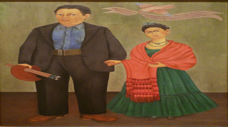 Frida y Diego Rivera. Parte de la demostración que dio del amor sentido hacia el muralista mexicano, a quien le colocó una paleta y pincel, como señal de su pasión artística.