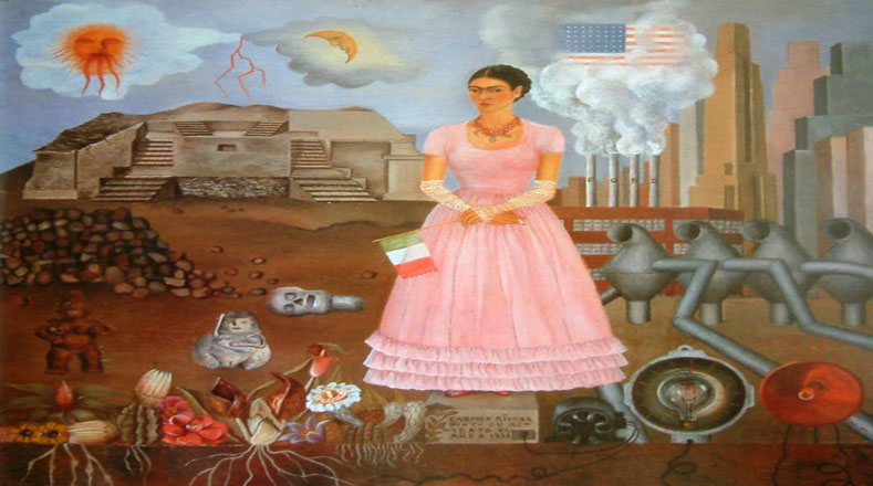 Autorretrato en la frontera entre México y EEUU. Luego de que Frida viviera tres años en Estados Unidos, decidió dejar bien claro cuál era su país más apreciado. La bandera en sus manos lo afirma, al tiempo que mostró características de ambas naciones.