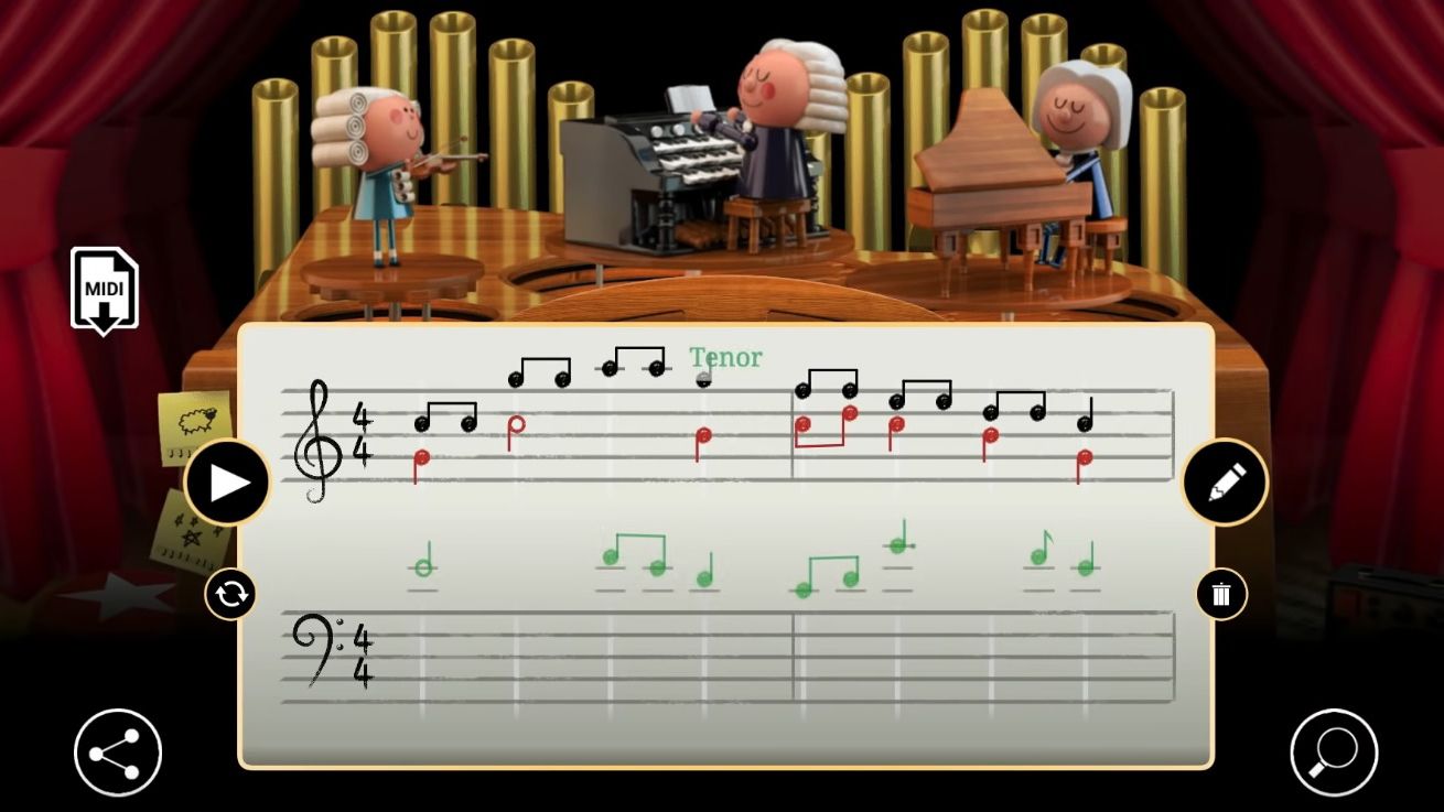 La composición interactiva esta estructurada en dos compases basados en la música barroca de Johann Sebastián Bach.