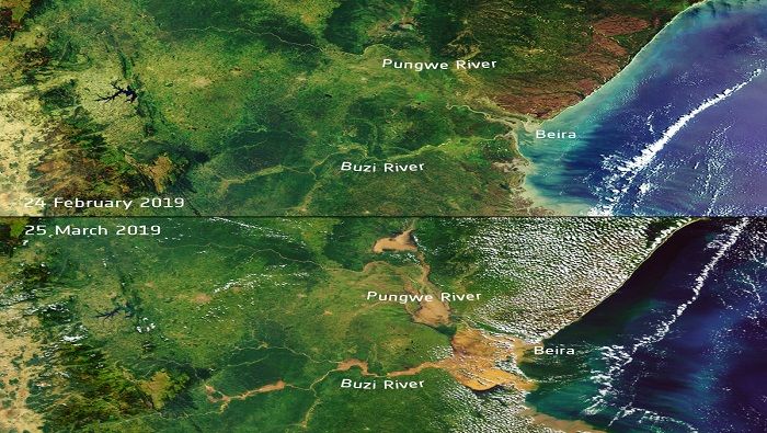 El satélite voló en la mañana de este lunes sobre la zona afectada por el ciclón Idai y captó diversas imágenes espaciales.