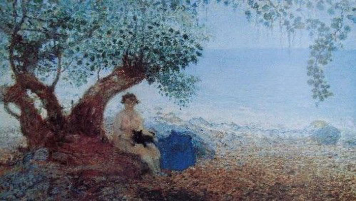 La obra Figura bajo un uvero (1920) también expone los tonos azules y fríos, así como los climas oníricos del período azul del referido artista, que se relacionan con su conexión con el mar, y la influencia que tuvo del pintor ruso Nicolás Ferdinandov.