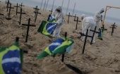En medio de la pandemia, en las playas de Copacabana se colocaron cruces en honor a las víctimas por la Covid-19.