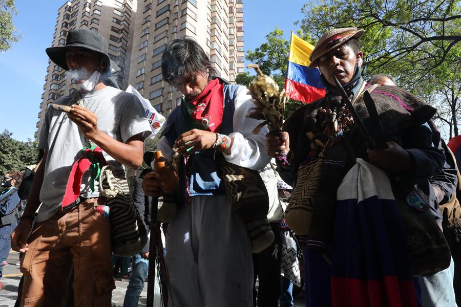 Indigenous and social leaders march in the streets of Bogotá, Colombia, July 10, 2020.