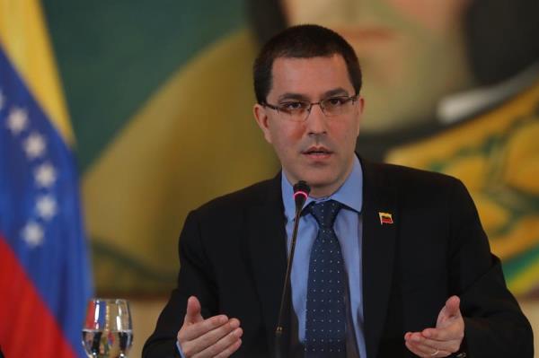Venezuelan Foreign Minister Jorge Arreaza speaks during a meeting with the accredited diplomatic corps from various countries in Caracas, Venezuela. March 9, 2020.