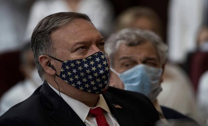 Mike Pompeo attends a meeting in Paramaribo, Surinam, Sept. 16, 2020.