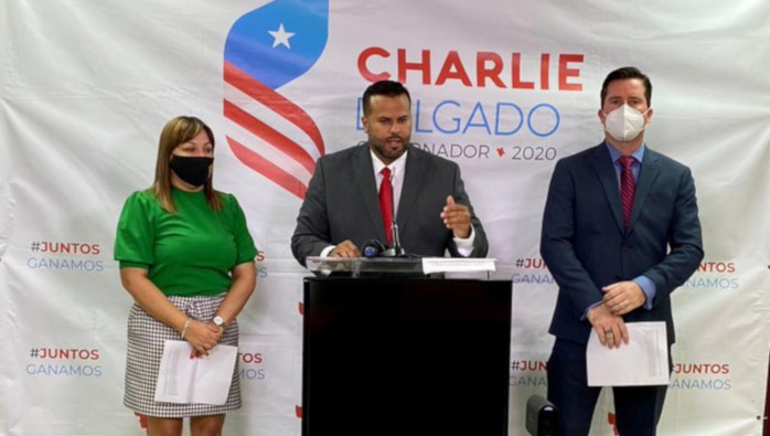 El portavoz del PPD en la Cámara de Representantes, Ramón Luis Cruz Burgos, la alcaldesa de Morovis, Carmen Maldonado y el candidato a representante Orlando Aponte.