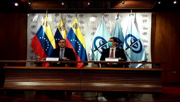 Minister of Foreign Affairs Jorge Arreaza (L) and Attorney General Tarek William Saab (R), Caracas, Venezuela, Sept. 19, 2020.