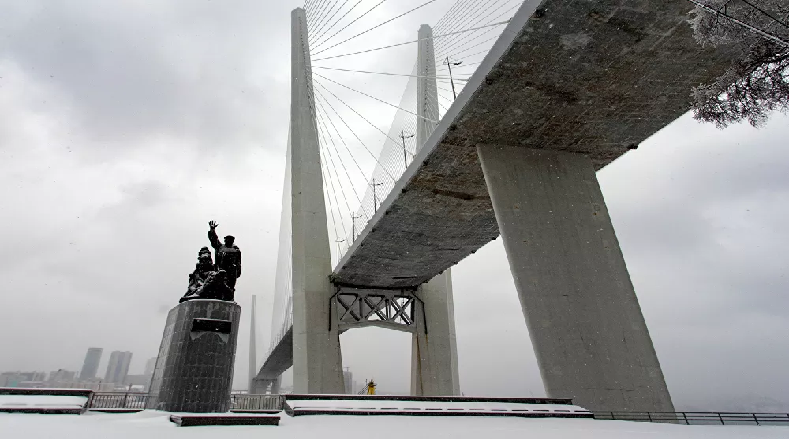 El puente de la isla Russki fue cerrado debido al hielo en los obenques. Los estragos de la lluvia gélida en el estrecho del Bósforo Oriental impidió a la gente usar el ferry para cruzar.