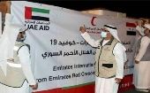 El cargamento incluye dosis de vacunas anticovid e insumos médicos ofrecidos por la Media Luna Roja de los Emiratos Árabes Unidos. 