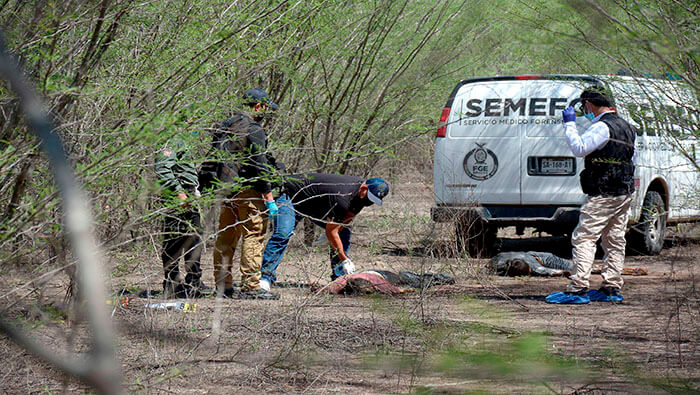 Funcionarios del Servicio Médico Forense (Semefo) analizan los cuerpos de los presuntos sicarios asesinados.