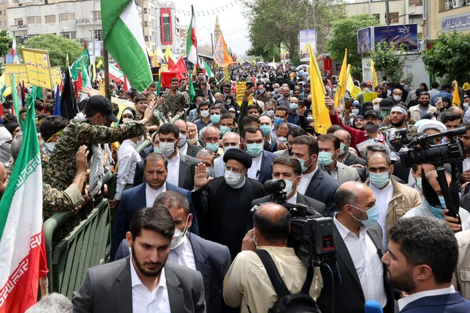 El mandatario persa encabezó una de las multitudinarias marchas en favor del cese de la opresión israelí en Palestina.