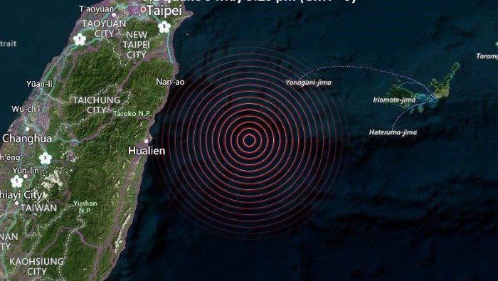 El sismo magnitud 6.1 se registró a una profundidad de 27.5 kilómetros y localizado a 89.5 kilómetros al este del condado de Hualien.