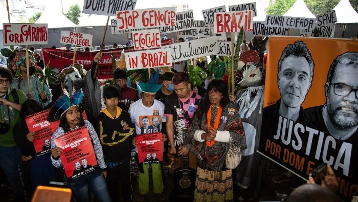 Los indígenas exigieron justicia por los crímenes contra el periodista británico Dom Phillips y el indigenista Bruno Pereira y otros casos sin resolver.