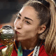 Spanish player Olga Carmona holds the Women's World Cup, Aug. 20, 2023.