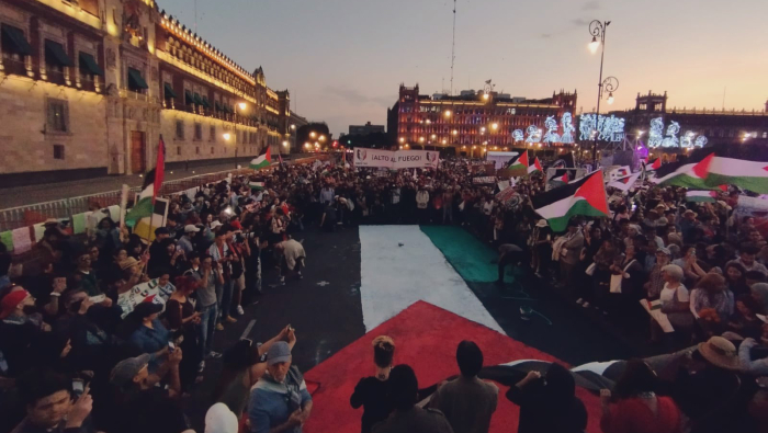 Los manifestantes, tras pintar la bandera palestina frente al Palacio Nacional, se tiraron al suelo para simular los miles de cuerpos de palestinos muertos por los ataques de Israel.