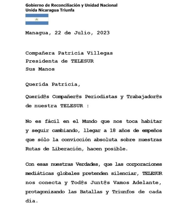 carta Daniel Ortega Telesur 1