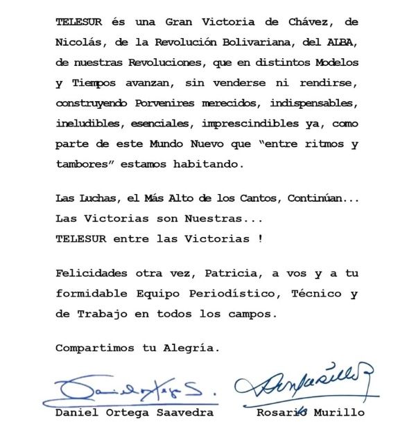 carta Daniel Ortega Telesur 2